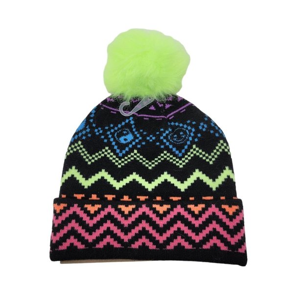 Justice Girls Winter Beanie Hat Rainbow Chevron w/Pom Pom One Size New With Tags - Picture 2 of 3